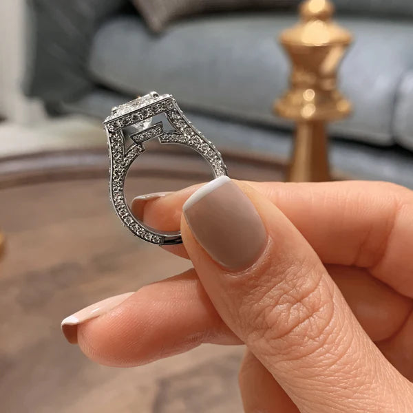 Princess Cut Moissanite Micro Pave Cathedral Setting Silver Engagement Ring