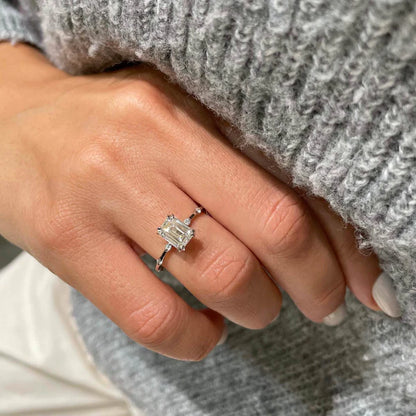 Emerald Cut Moissanite Mil Grain Shank Silver Engagement Ring