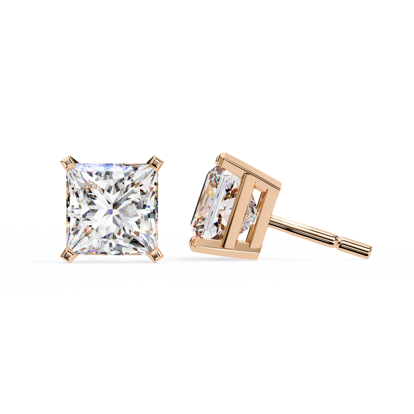 1.52 Ct Princess Cut Lab Grown Diamond Yellow Gold Stud Earring