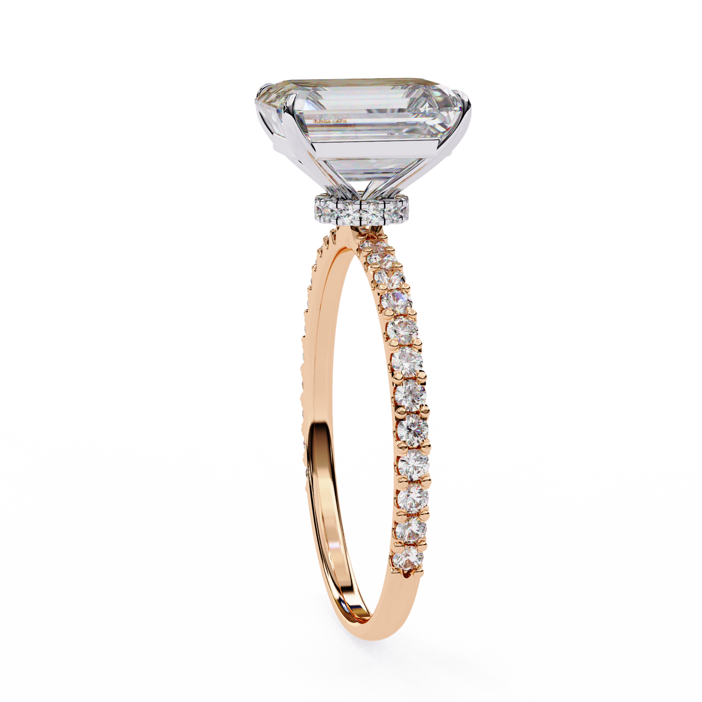 2.6 Ct Emerald Cut Lab Grown Diamond Hidden Halo Rose Gold Engagement Ring