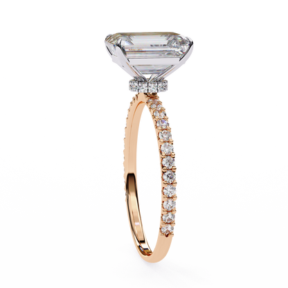 2.6 Ct Emerald Cut Lab Grown Diamond Hidden Halo Rose Gold Engagement Ring