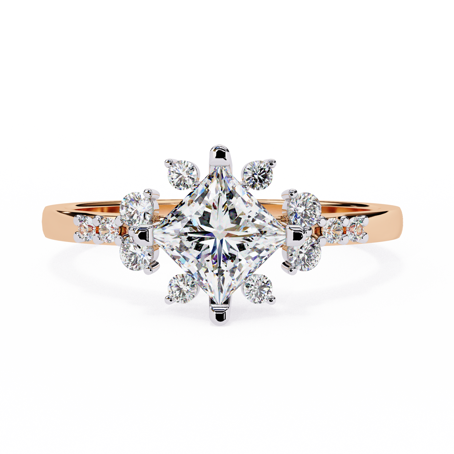 1.00 Ct Princess Cut Lab Grown Diamond Cluster Gold Ring