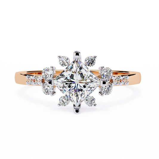 1.00 Ct Princess Cut Lab Grown Diamond Cluster Gold Ring