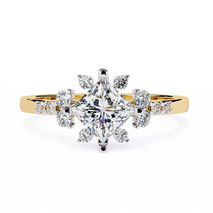 1.00 Ct Princess Cut Lab Grown Diamond Cluster Gold Ring