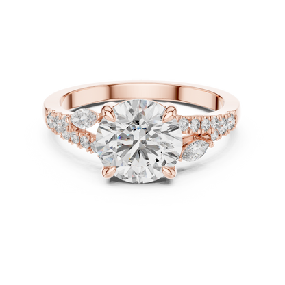 Round Lab Grown Diamond Marquise Leaf Accented Split Shank Ring