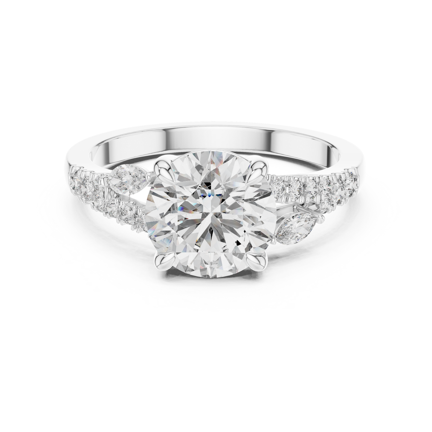 Round Lab Grown Diamond Marquise Leaf Accented Split Shank Ring