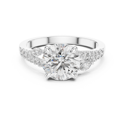Round Lab Grown Diamond Marquise Leaf Accented Split Shank Ring