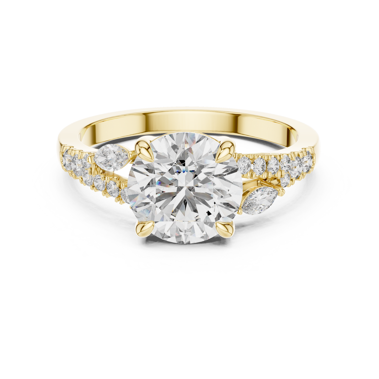 Round Lab Grown Diamond Marquise Leaf Accented Split Shank Ring