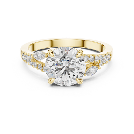 Round Lab Grown Diamond Marquise Leaf Accented Split Shank Ring