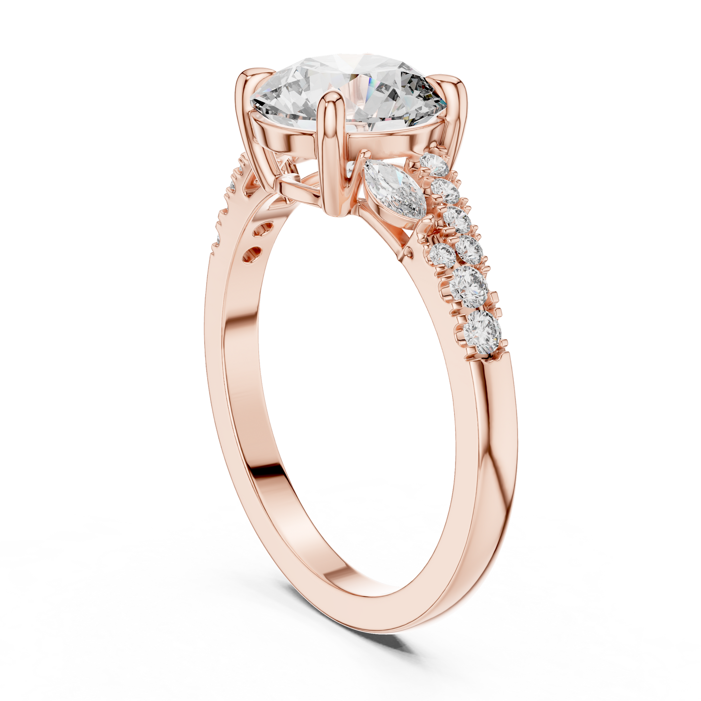 Round Lab Grown Diamond Marquise Leaf Accented Split Shank Ring