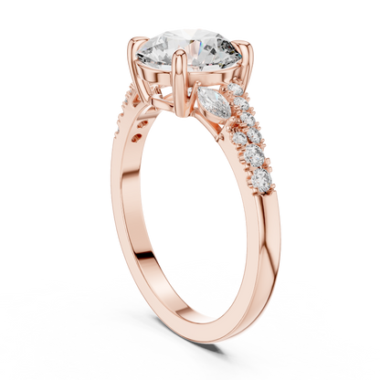 Round Lab Grown Diamond Marquise Leaf Accented Split Shank Ring