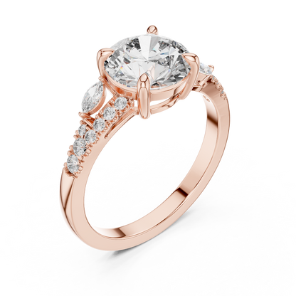 Round Lab Grown Diamond Marquise Leaf Accented Split Shank Ring