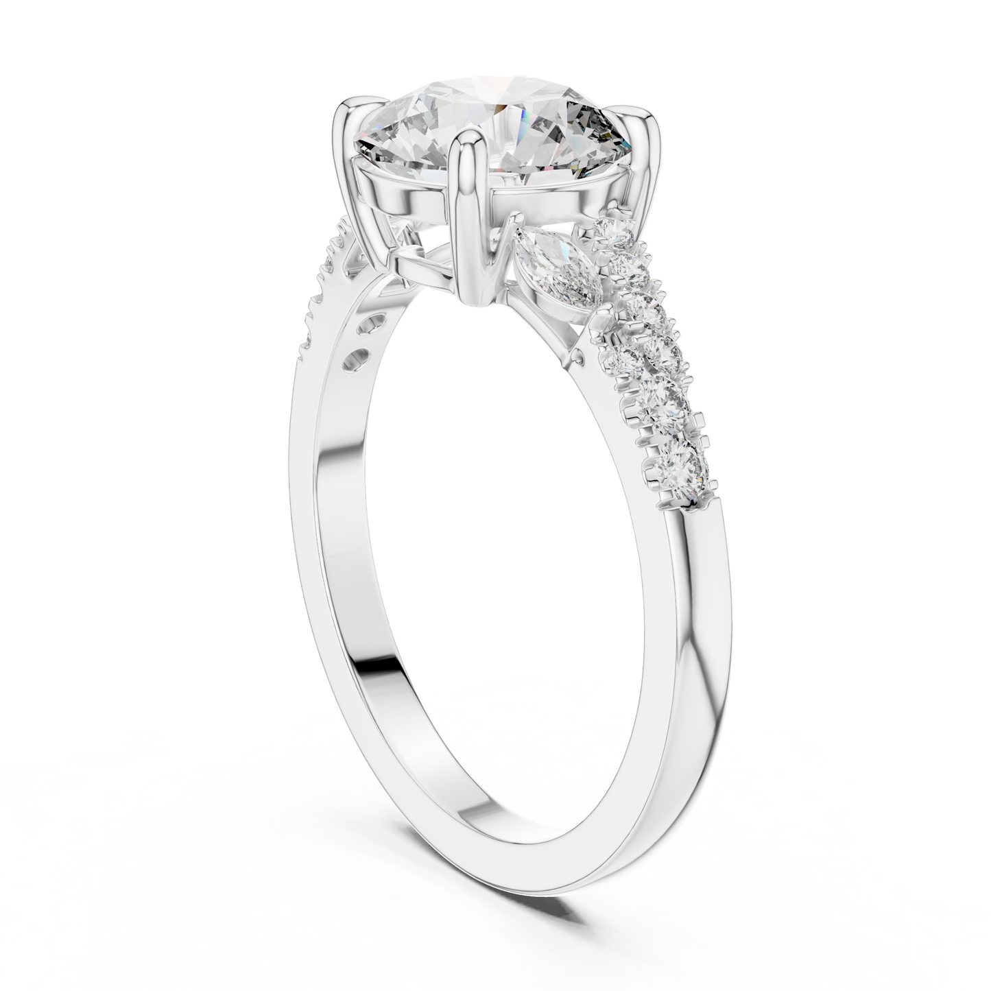 Round Lab Grown Diamond Marquise Leaf Accented Split Shank Ring