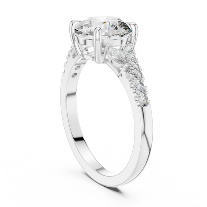 Round Lab Grown Diamond Marquise Leaf Accented Split Shank Ring