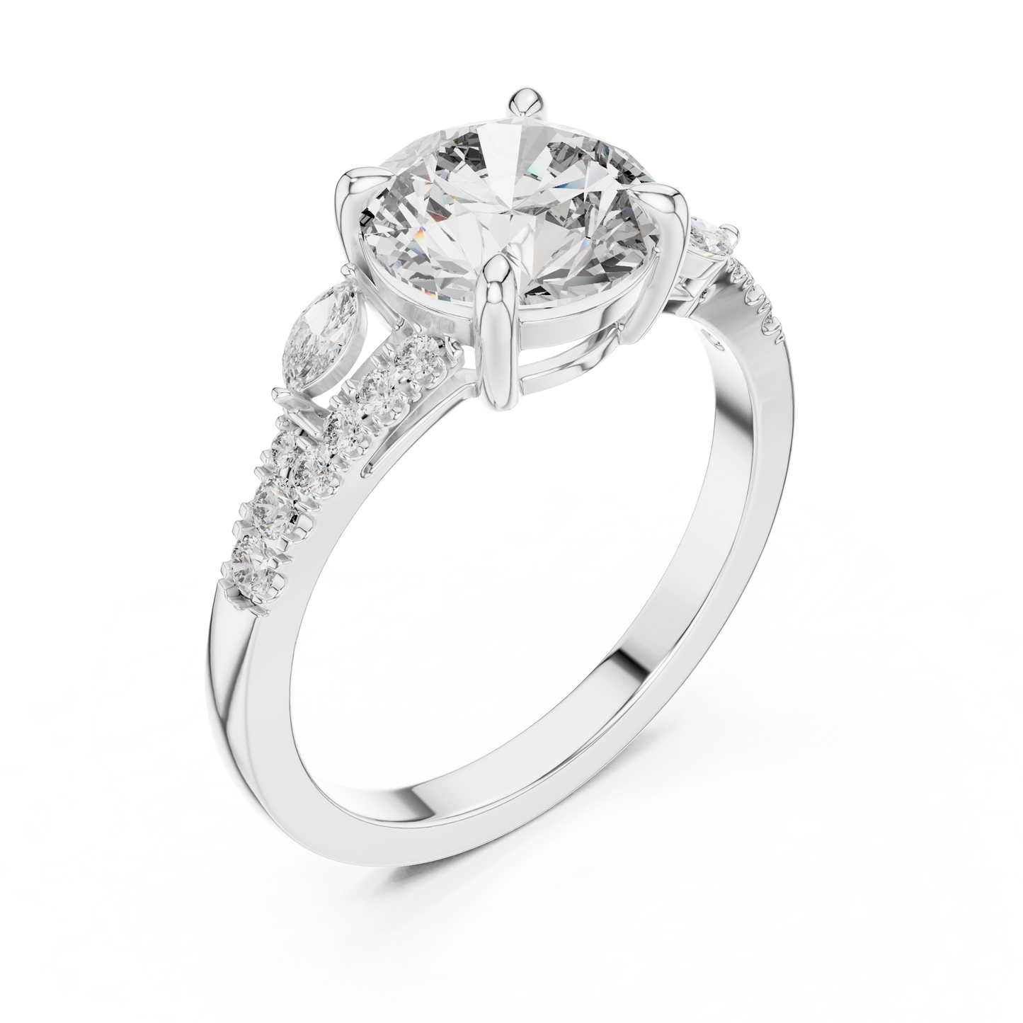 Round Lab Grown Diamond Marquise Leaf Accented Split Shank Ring