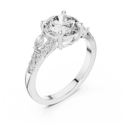 Round Lab Grown Diamond Marquise Leaf Accented Split Shank Ring