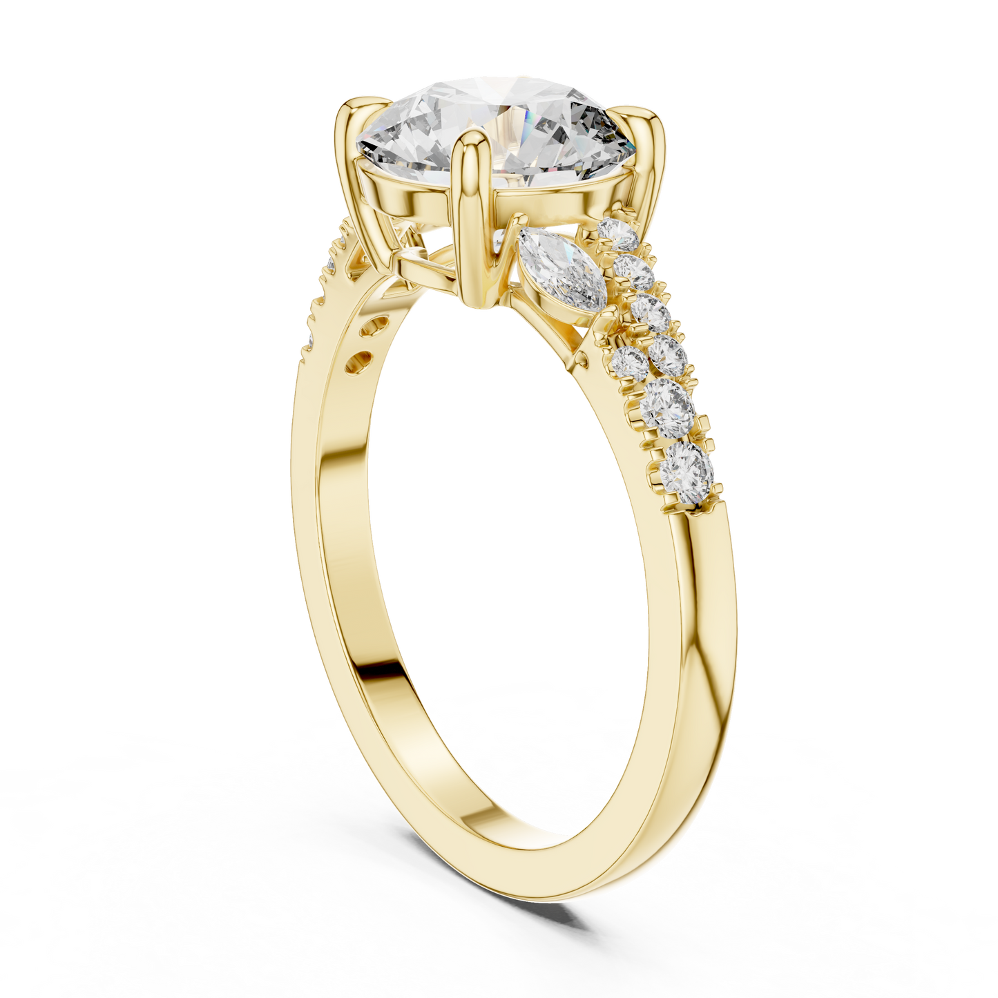 Round Lab Grown Diamond Marquise Leaf Accented Split Shank Ring