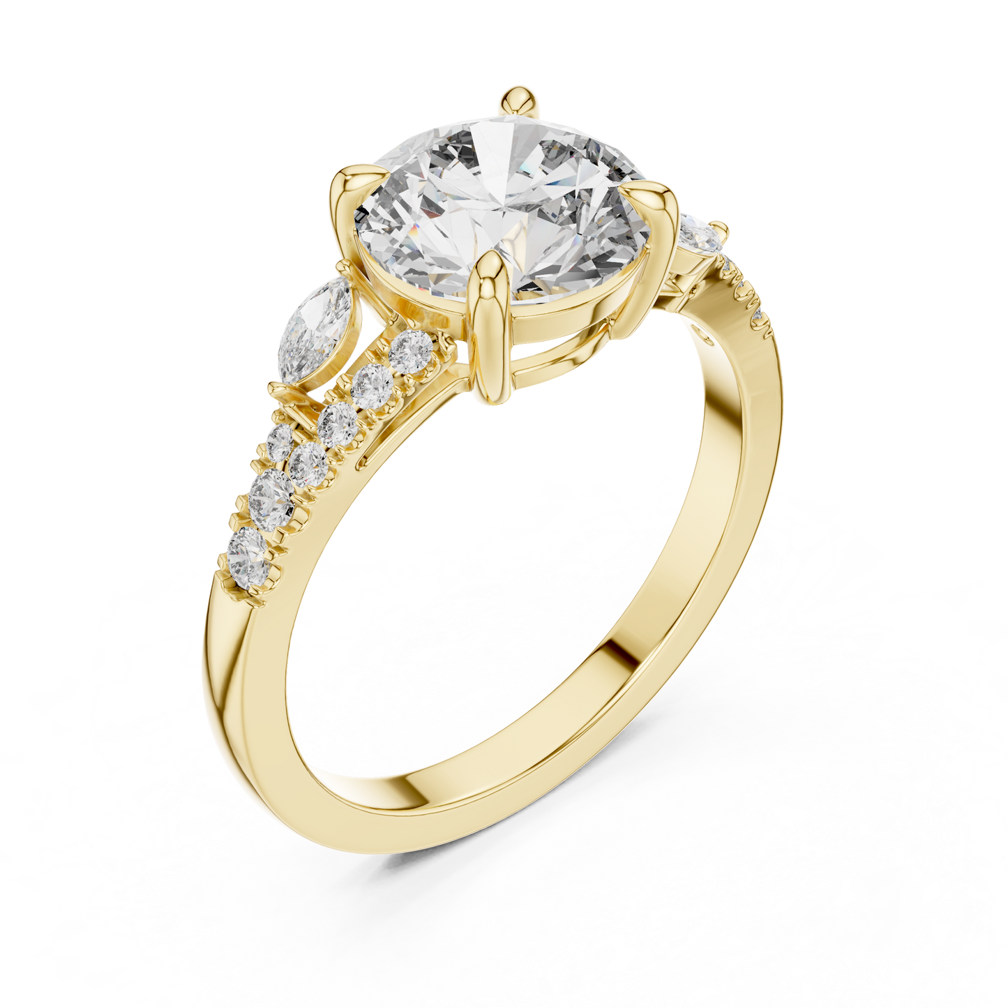 Round Lab Grown Diamond Marquise Leaf Accented Split Shank Ring