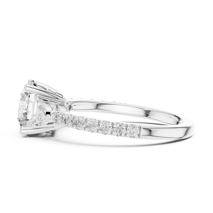 Round Lab Grown Diamond Engagement Ring with Trilliant Side Stones