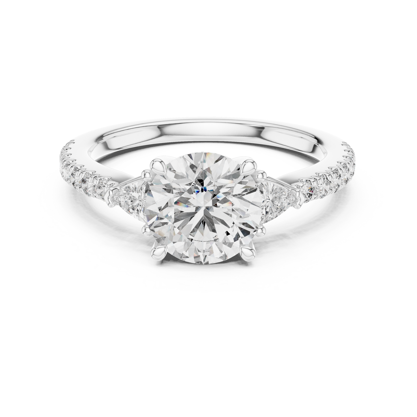 Round Lab Grown Diamond Engagement Ring with Trilliant Side Stones