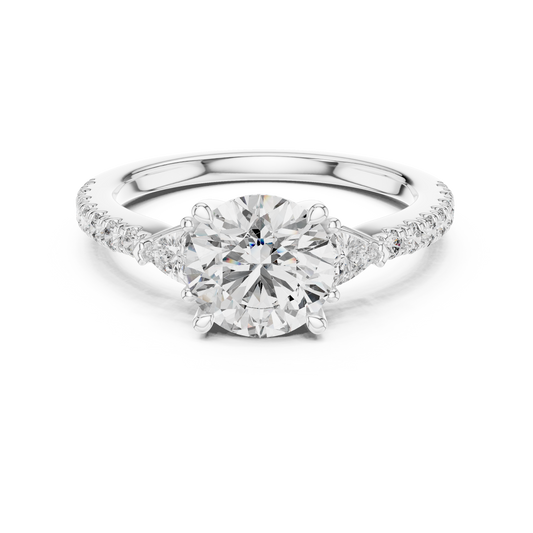 Round Lab Grown Diamond Engagement Ring with Trilliant Side Stones