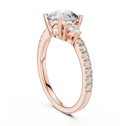 Round Lab Grown Diamond Engagement Ring with Trilliant Side Stones