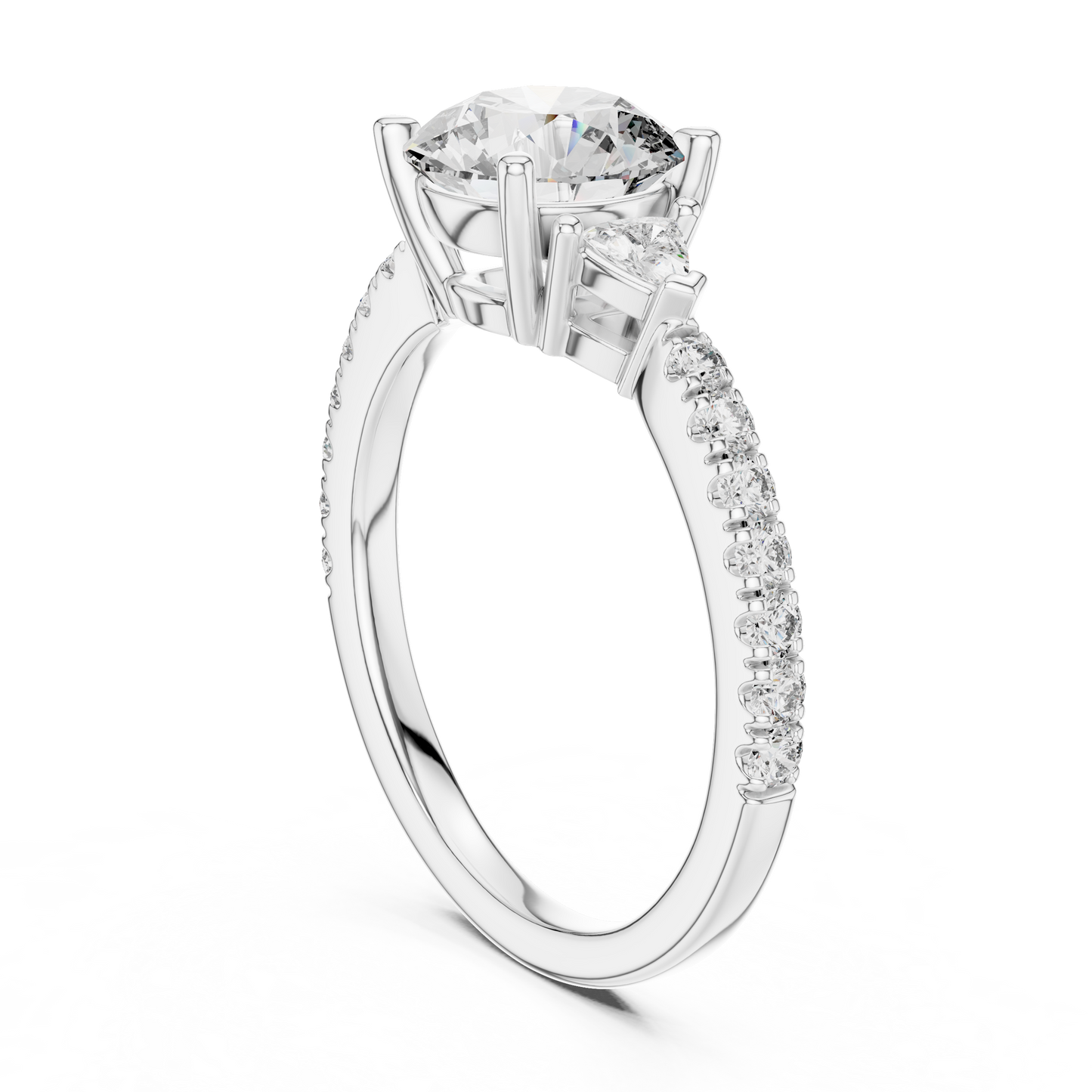 Round Lab Grown Diamond Engagement Ring with Trilliant Side Stones