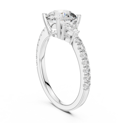 Round Lab Grown Diamond Engagement Ring with Trilliant Side Stones