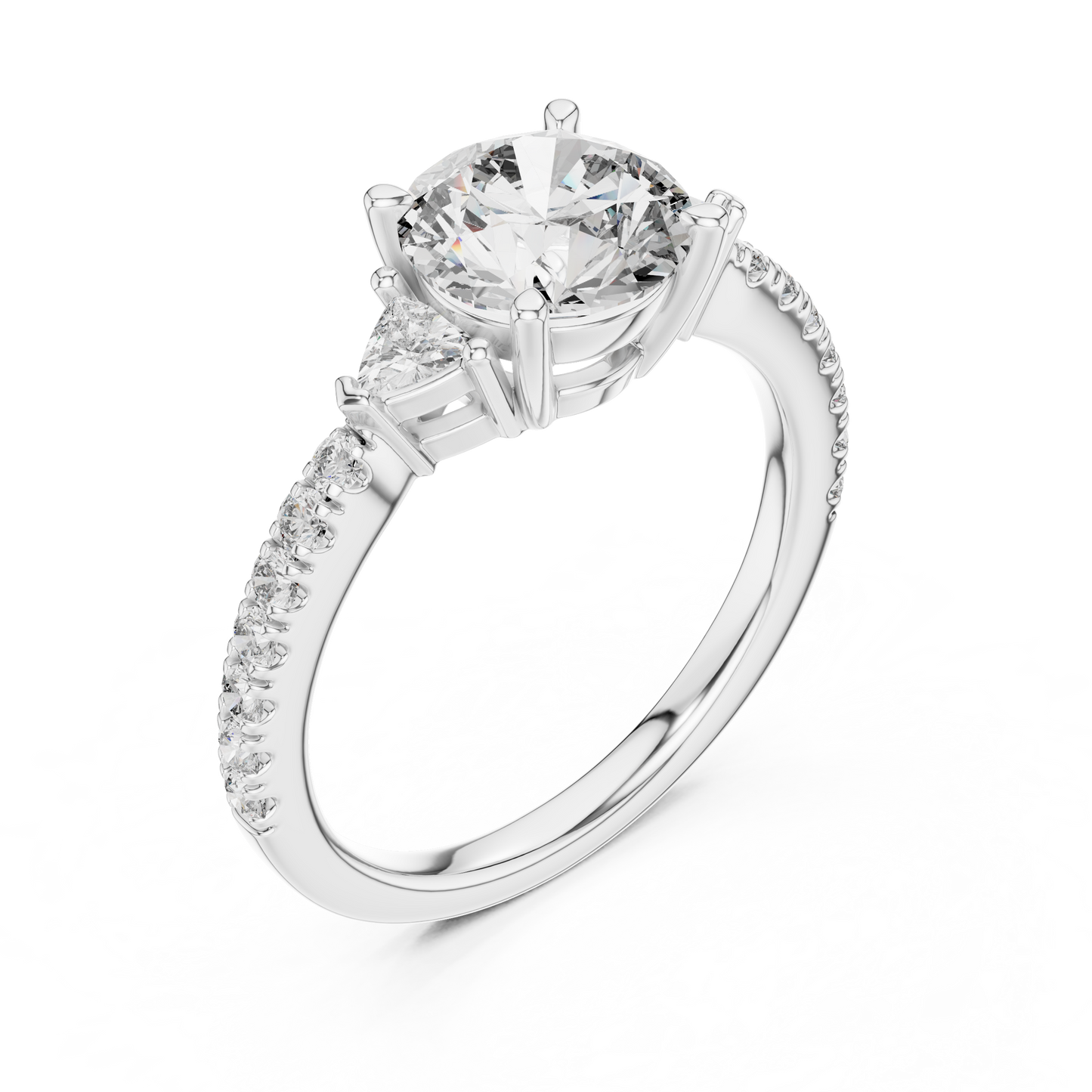 Round Lab Grown Diamond Engagement Ring with Trilliant Side Stones