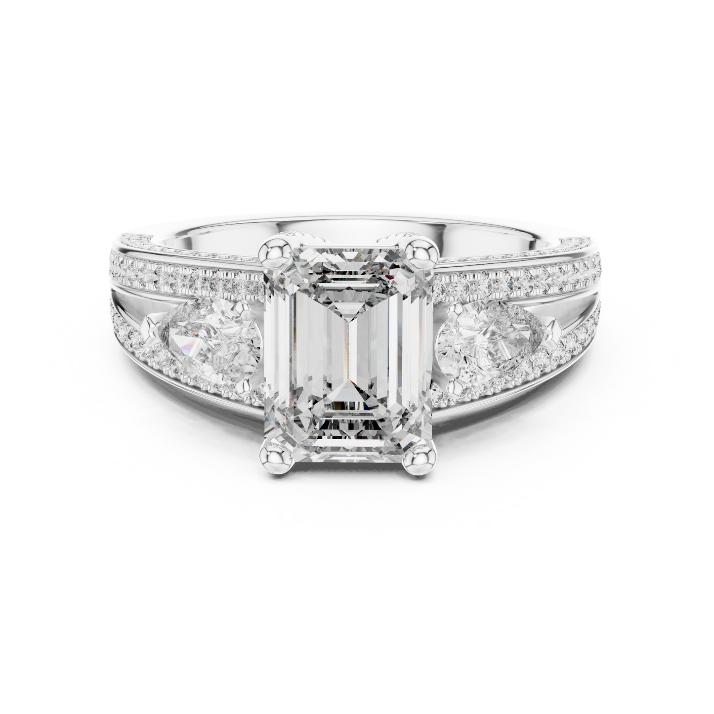 Emerald Cut Lab Grown Diamond Ring with Pear Accents