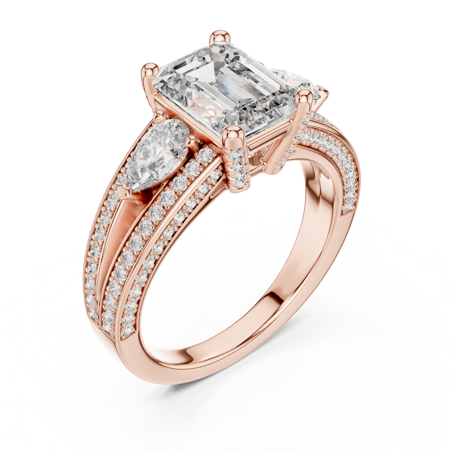 Emerald Cut Lab Grown Diamond Ring with Pear Accents