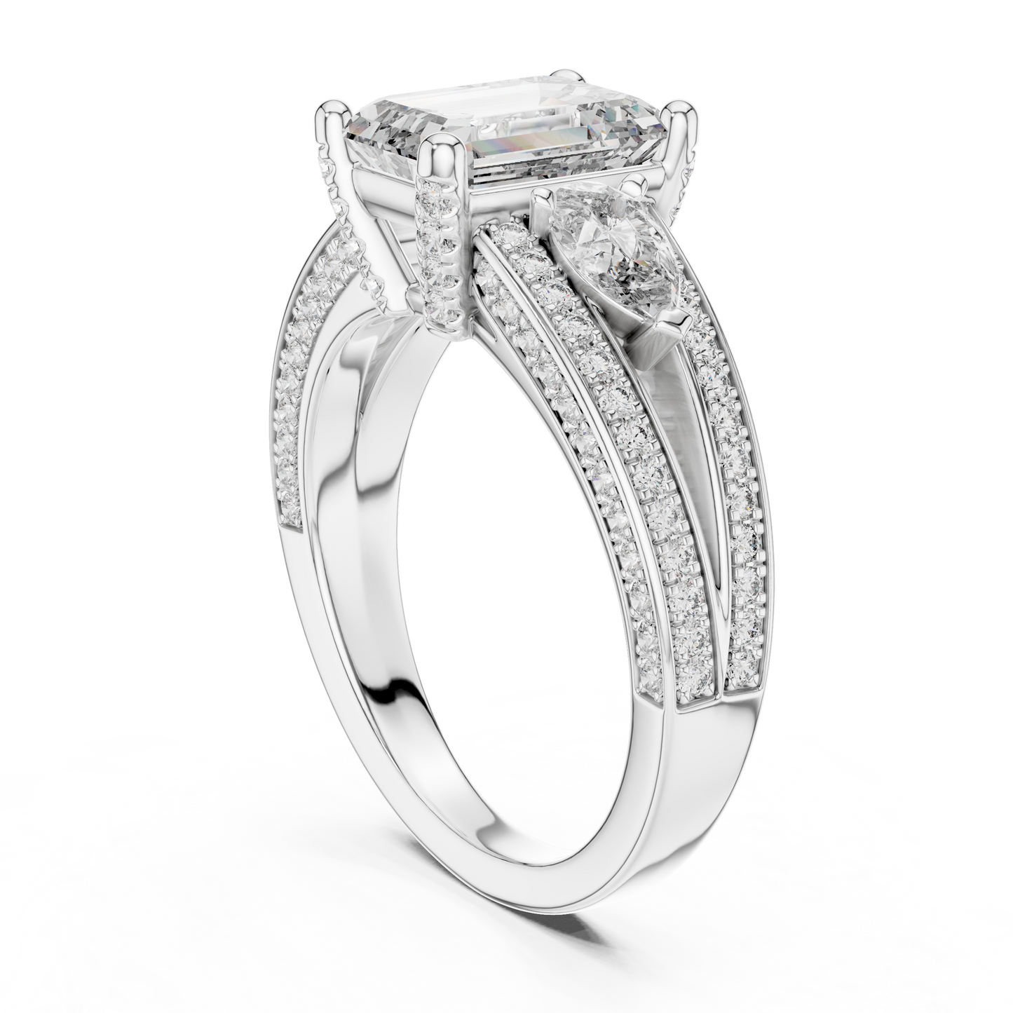 Emerald Cut Lab Grown Diamond Ring with Pear Accents