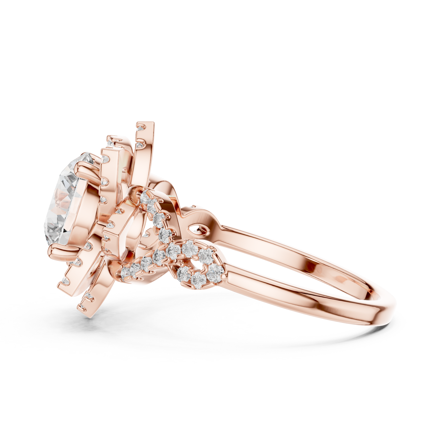Floral Art Deco Halo Round Lab Grown Diamond Engagement Ring