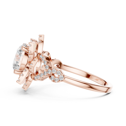 Floral Art Deco Halo Round Lab Grown Diamond Engagement Ring