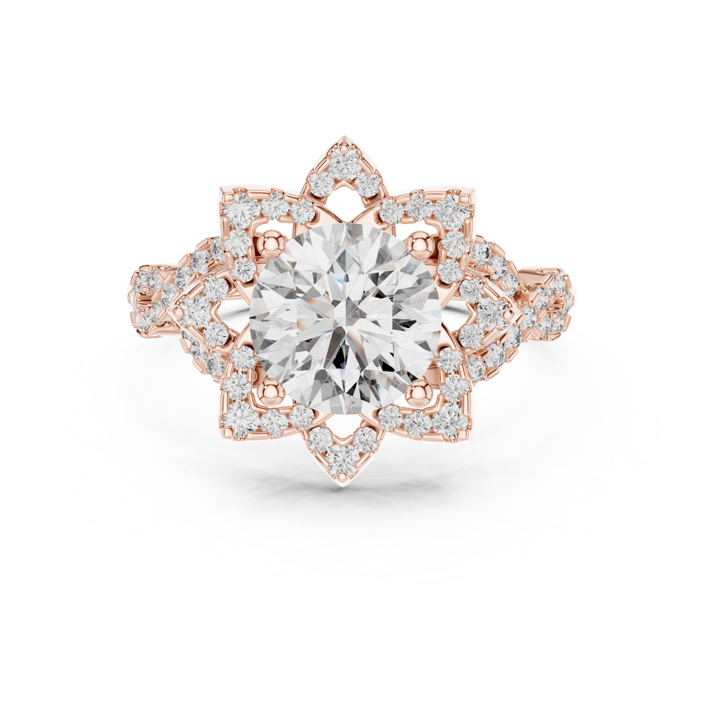Floral Art Deco Halo Round Lab Grown Diamond Engagement Ring