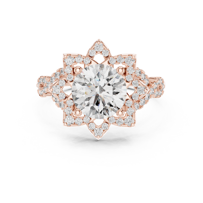 Floral Art Deco Halo Round Lab Grown Diamond Engagement Ring
