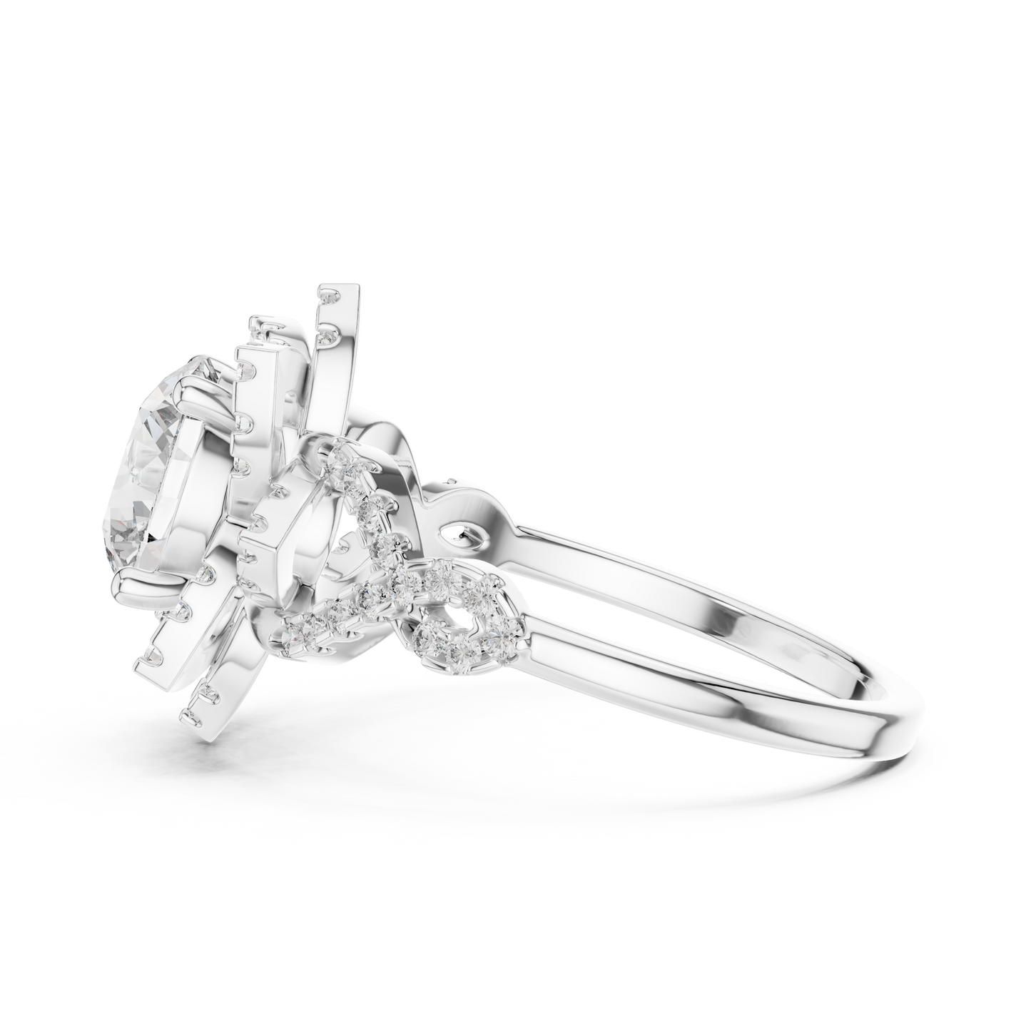 Floral Art Deco Halo Round Lab Grown Diamond Engagement Ring