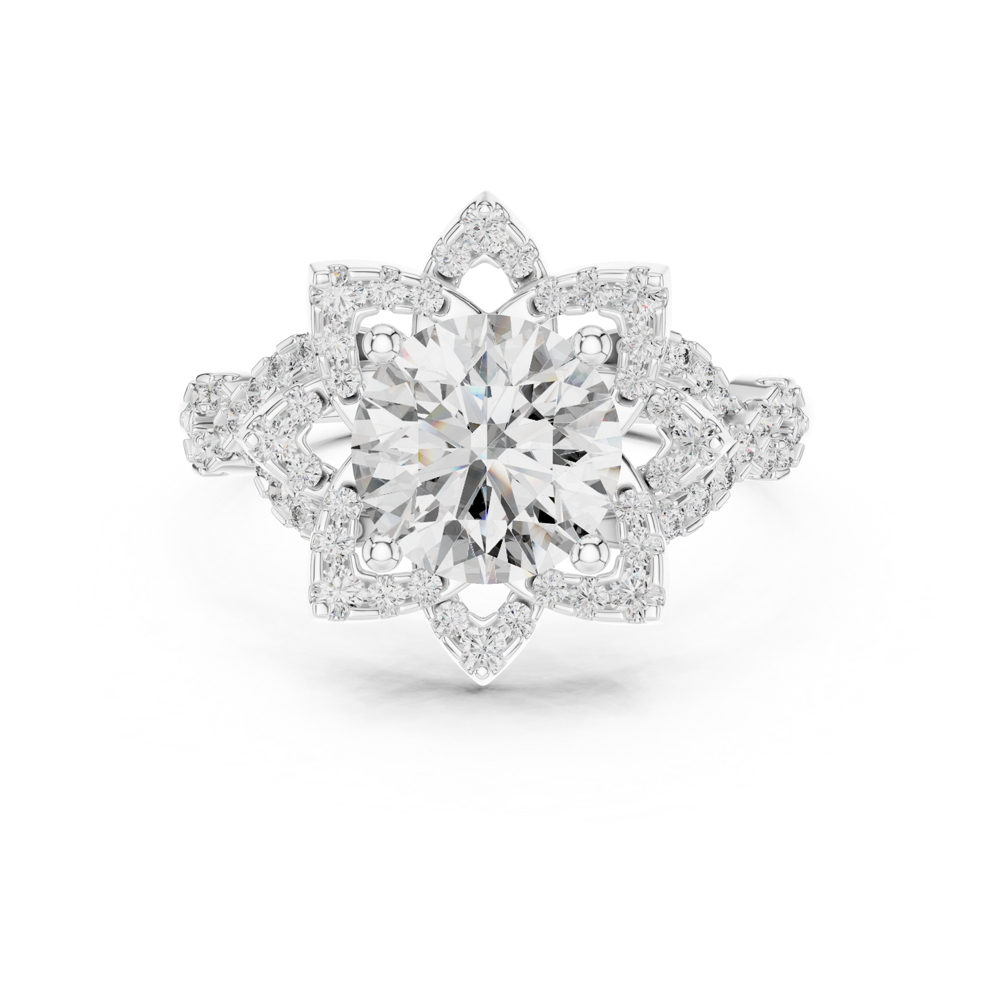 Floral Art Deco Halo Round Lab Grown Diamond Engagement Ring