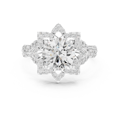 Floral Art Deco Halo Round Lab Grown Diamond Engagement Ring