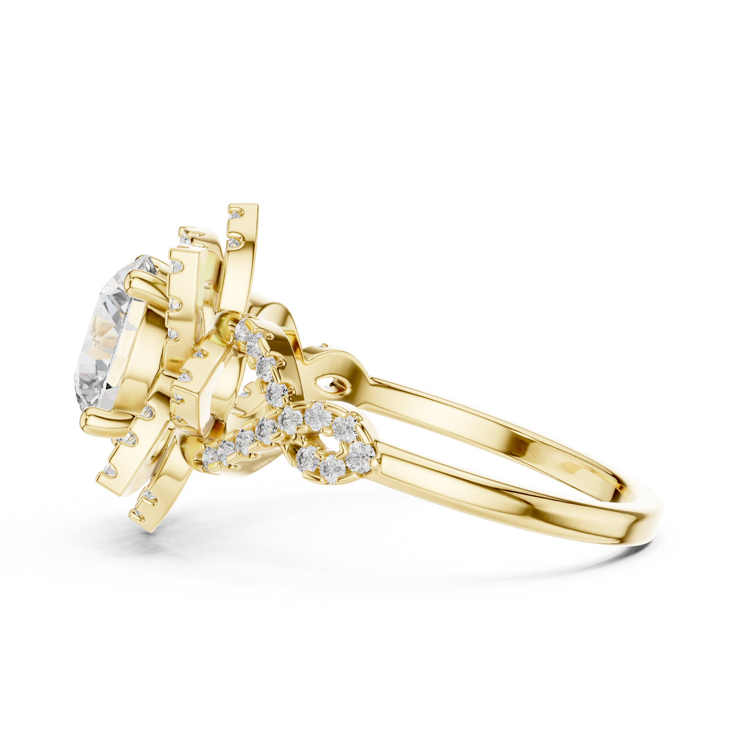 Floral Art Deco Halo Round Lab Grown Diamond Engagement Ring