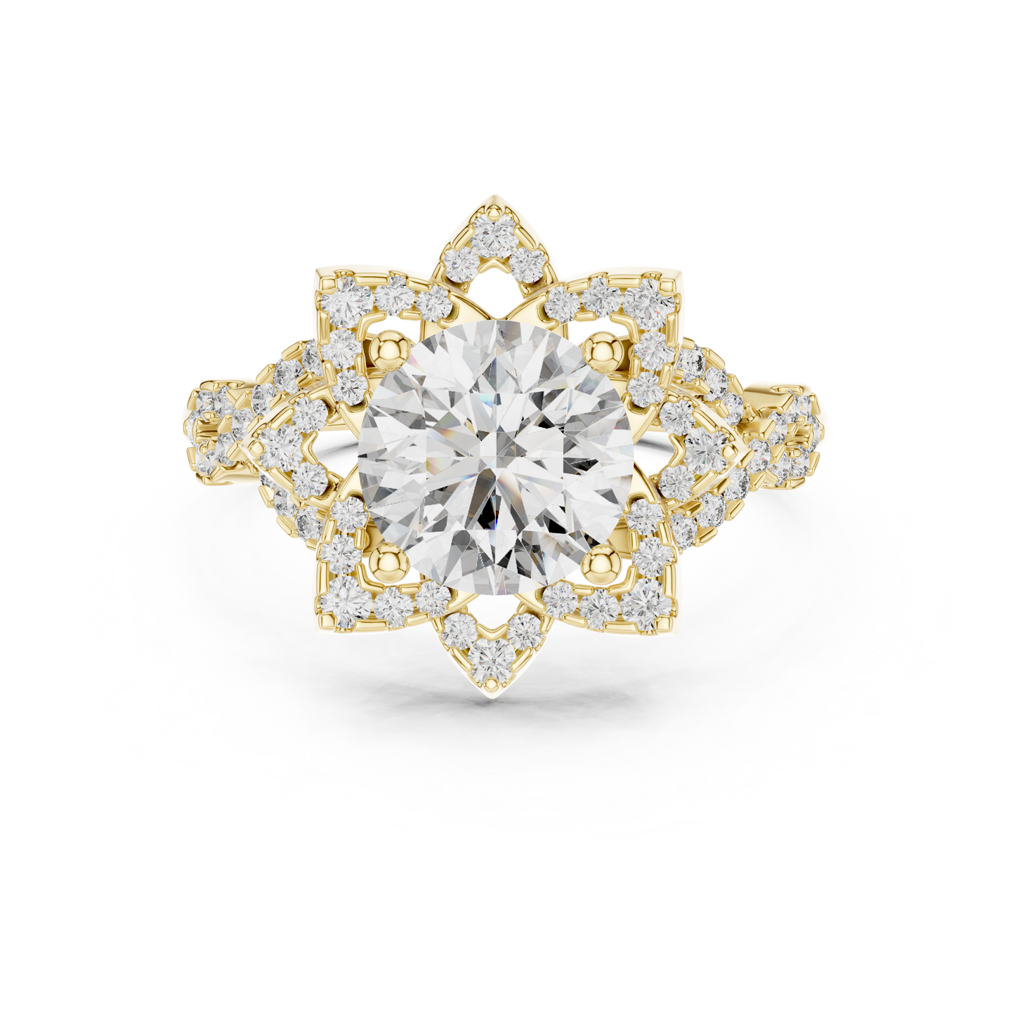 Floral Art Deco Halo Round Lab Grown Diamond Engagement Ring