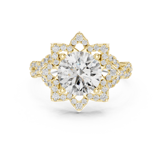 Floral Art Deco Halo Round Lab Grown Diamond Engagement Ring