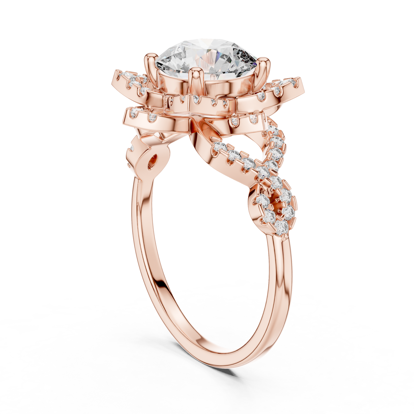 Floral Art Deco Halo Round Lab Grown Diamond Engagement Ring
