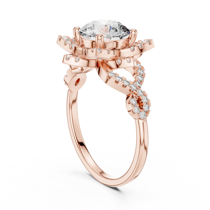 Floral Art Deco Halo Round Lab Grown Diamond Engagement Ring
