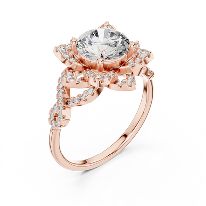 Floral Art Deco Halo Round Lab Grown Diamond Engagement Ring