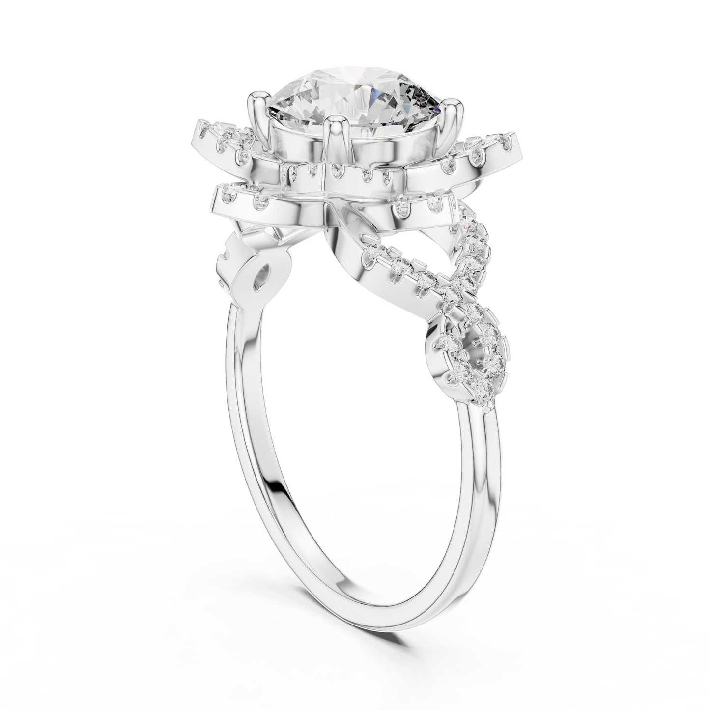 Floral Art Deco Halo Round Lab Grown Diamond Engagement Ring