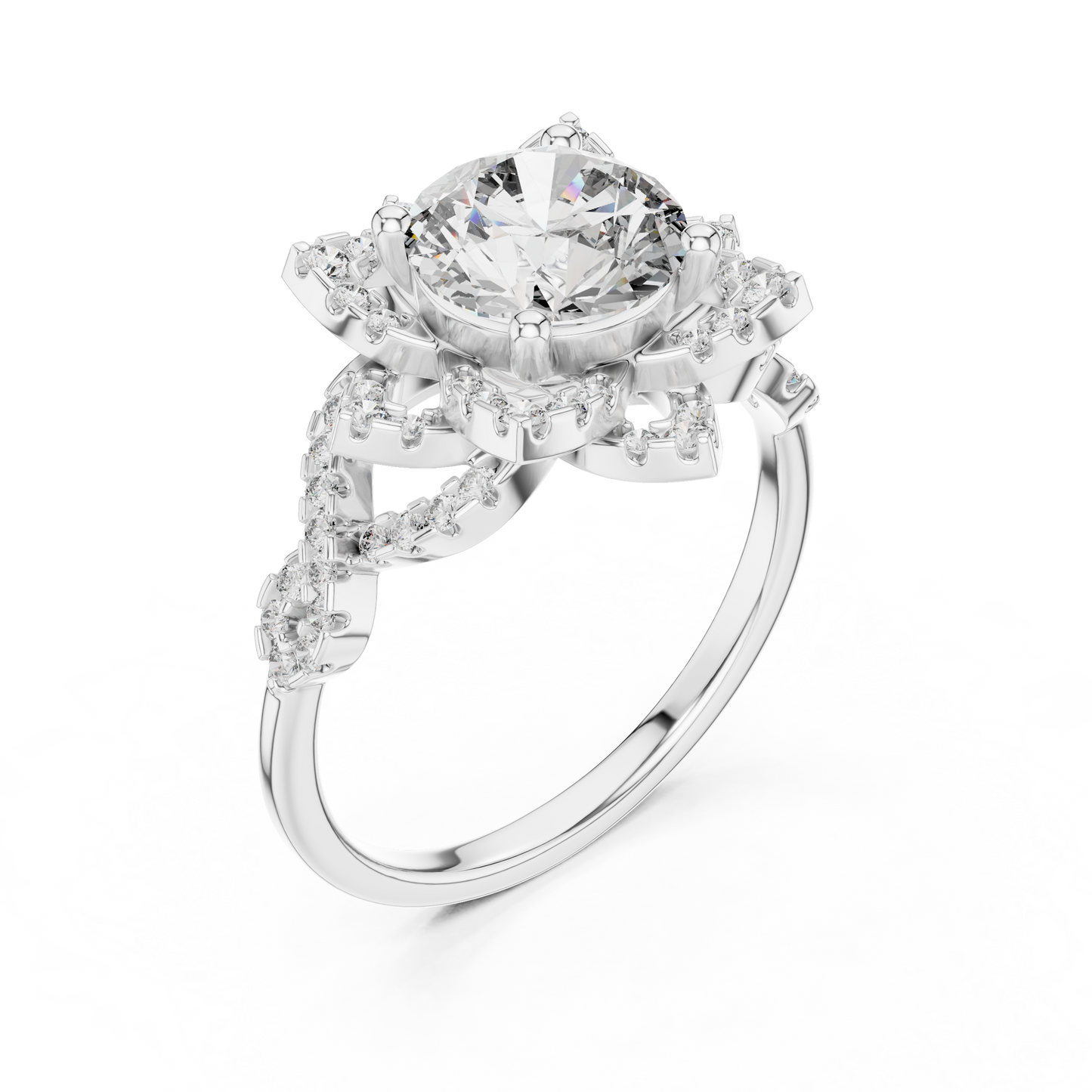 Floral Art Deco Halo Round Lab Grown Diamond Engagement Ring