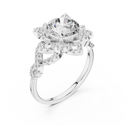 Floral Art Deco Halo Round Lab Grown Diamond Engagement Ring