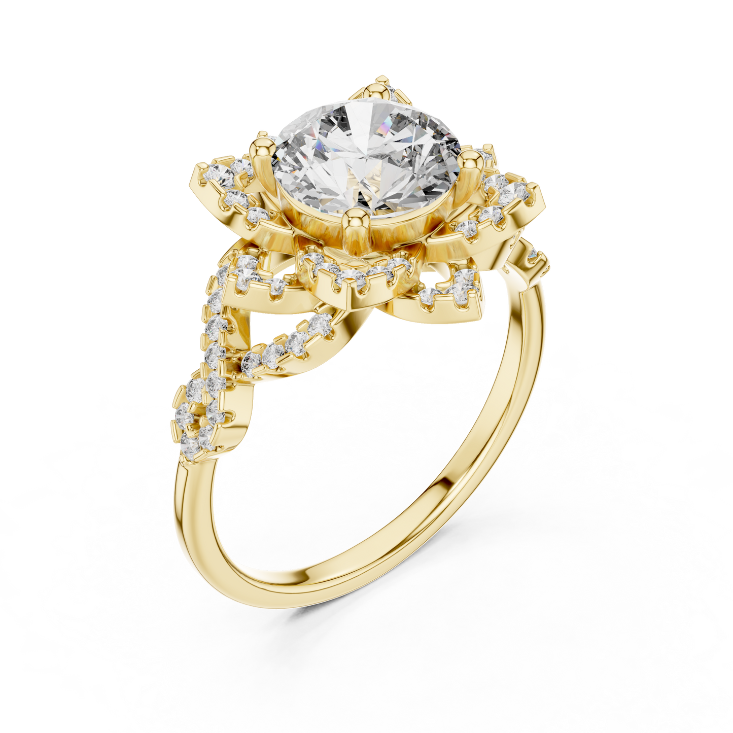 Floral Art Deco Halo Round Lab Grown Diamond Engagement Ring