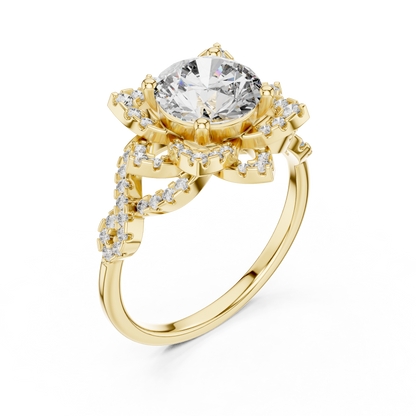 Floral Art Deco Halo Round Lab Grown Diamond Engagement Ring